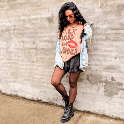 model wearing Sing Louder Tee