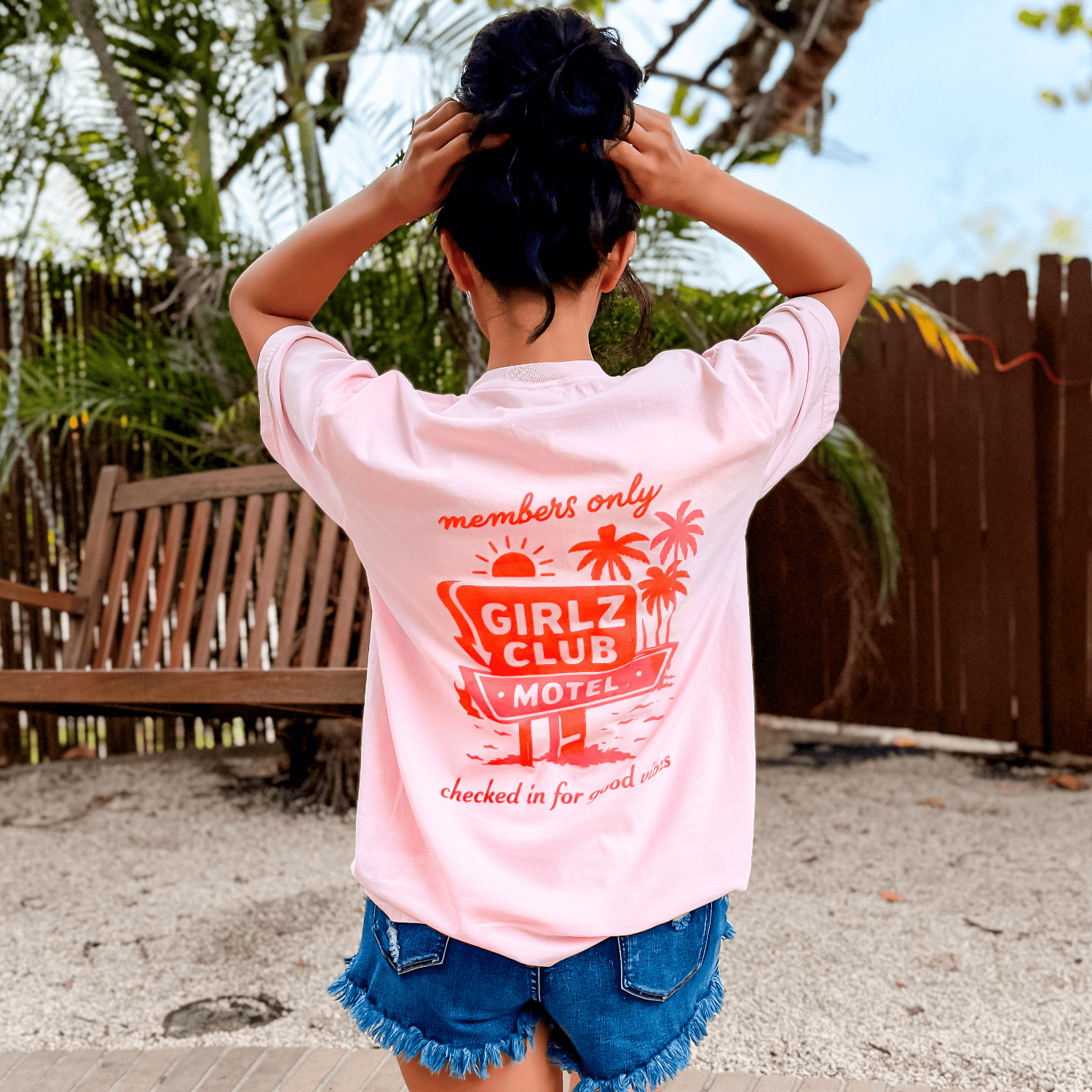 model wearing Girlz Club Motel Tee