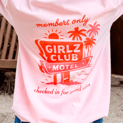 model wearing Girlz Club Motel Tee