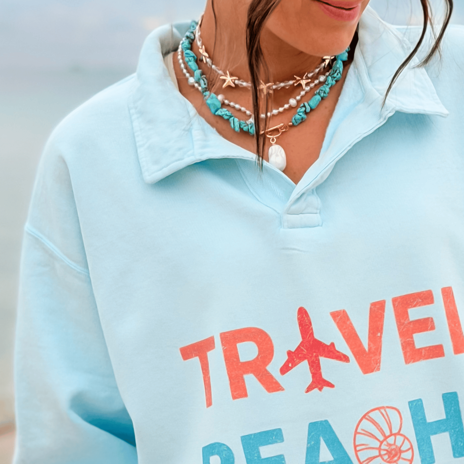 model wearing Travel, Beach, Repeat! Collegiate Crewneck