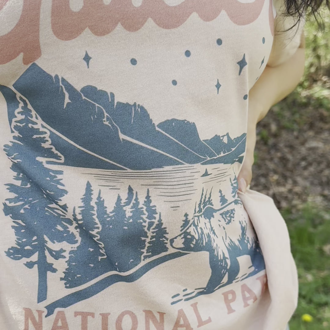 video of Model wearing Glacier National Park graphic tee